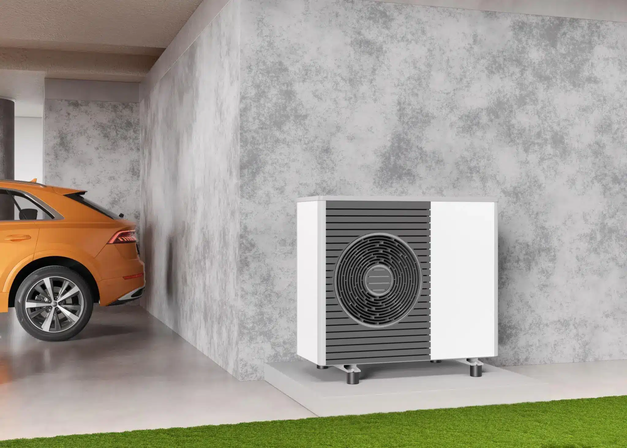 Orange car parked in a modern garage beside a sleek heat pump unit