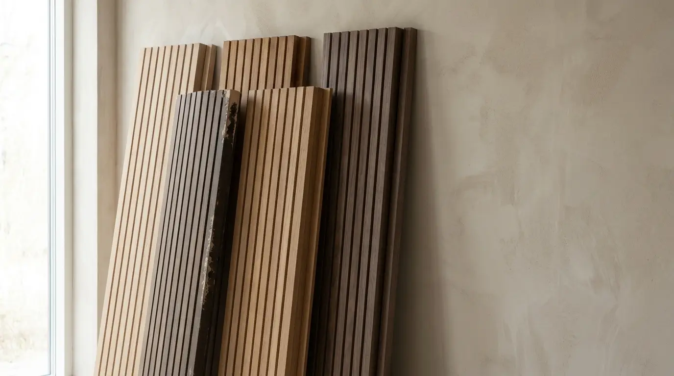 Vertical wooden slats leaning against a textured beige wall in soft natural light