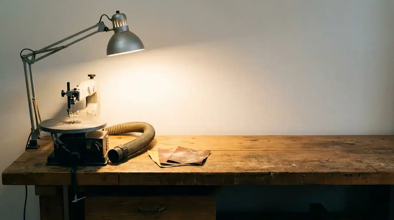 Scroll saw on wooden workbench under angled desk lamp in workshop setting