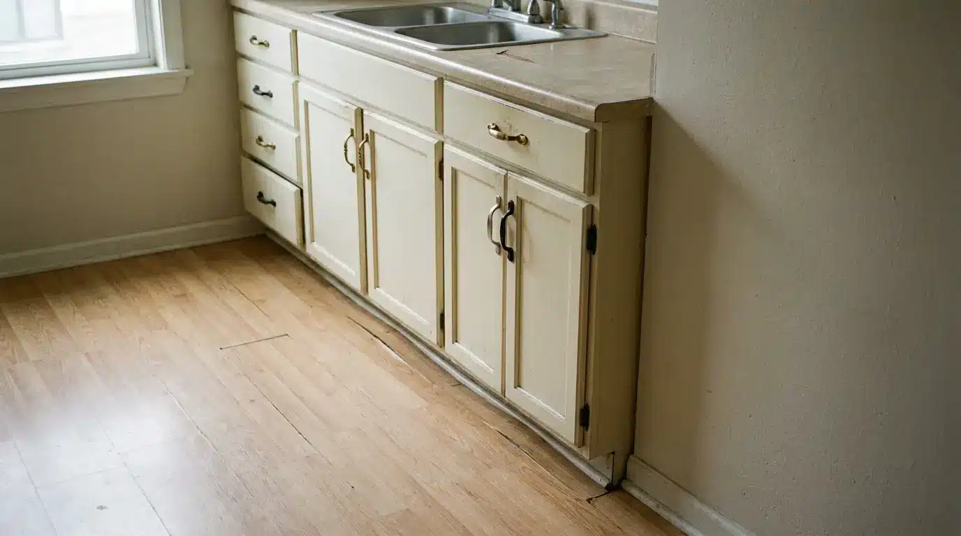 Worn white kitchen cabinets with brass handles and stainless steel sink in bright kitchen