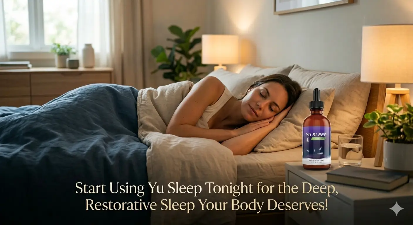 Woman sleeping peacefully in bed with sleep supplement on nightstand, under soft warm lighting