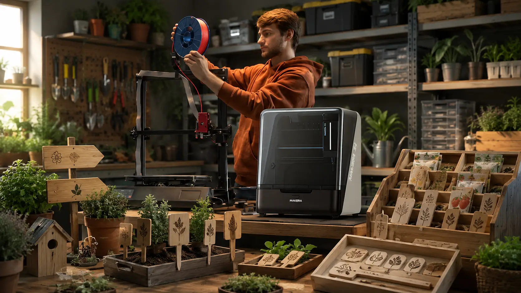 Man setting up 3D printer in indoor gardening workshop with tools and plants on shelves