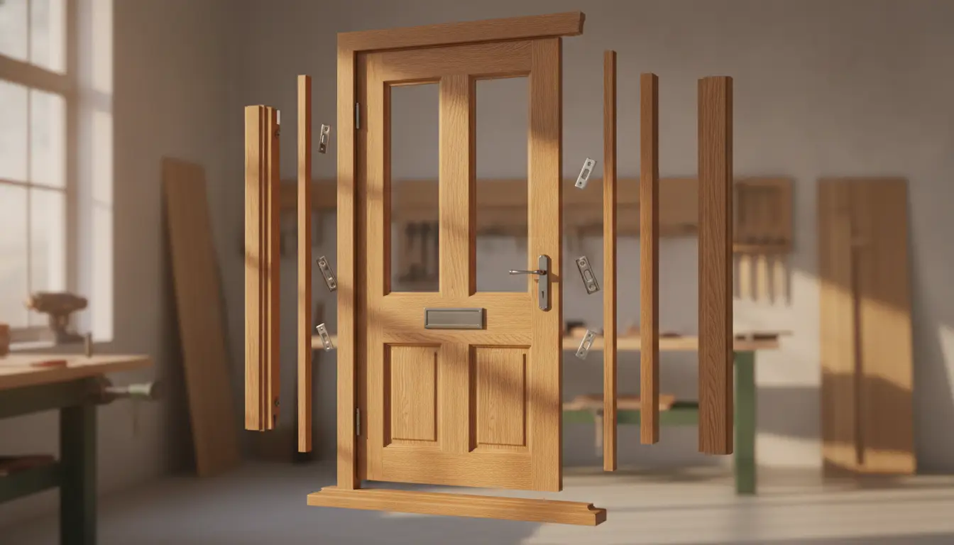 Wooden door and frame components suspended in a workshop with sunlight streaming through window