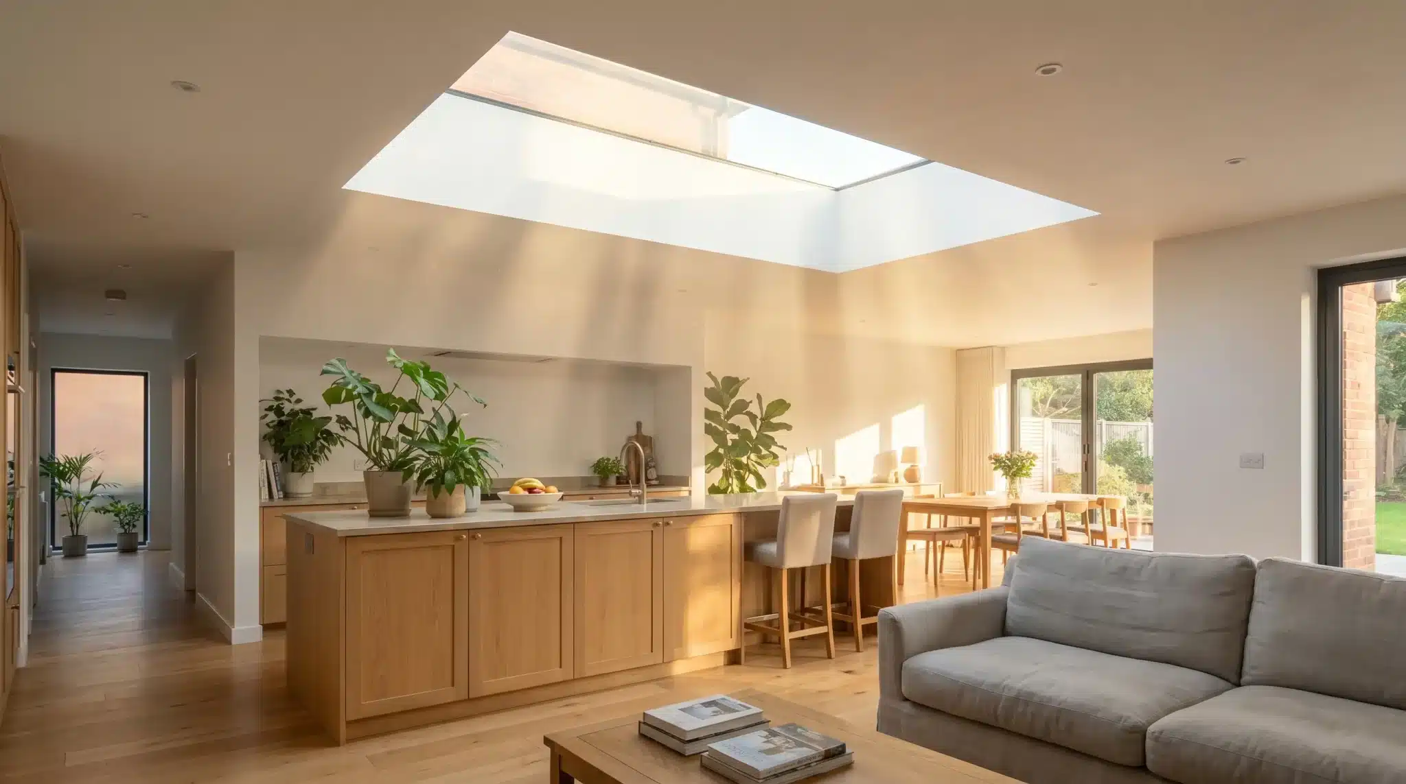 Spacious modern kitchen and living area with skylight and abundant houseplants
