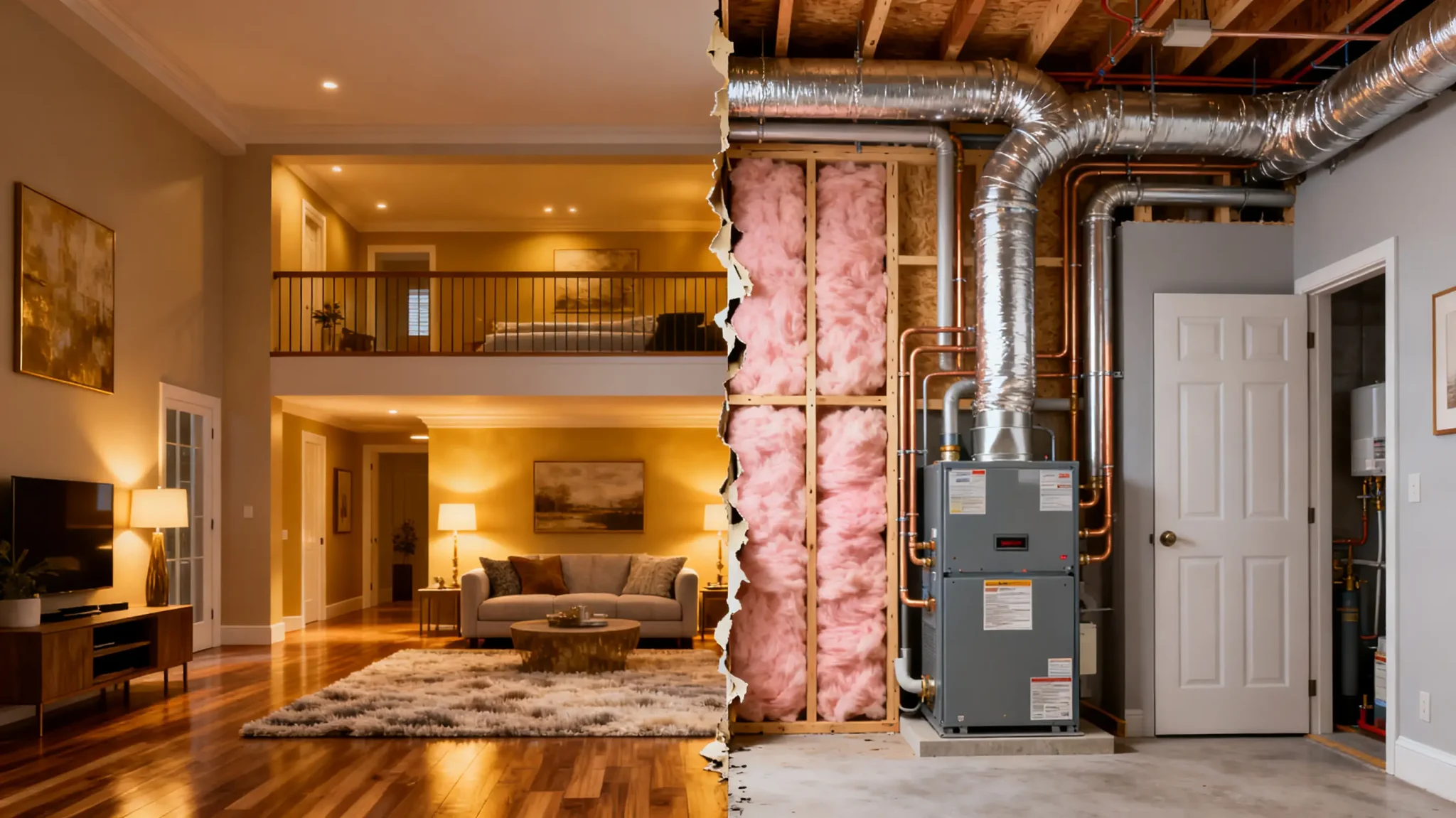 Split view of cozy living room and exposed home insulation with HVAC system in basement