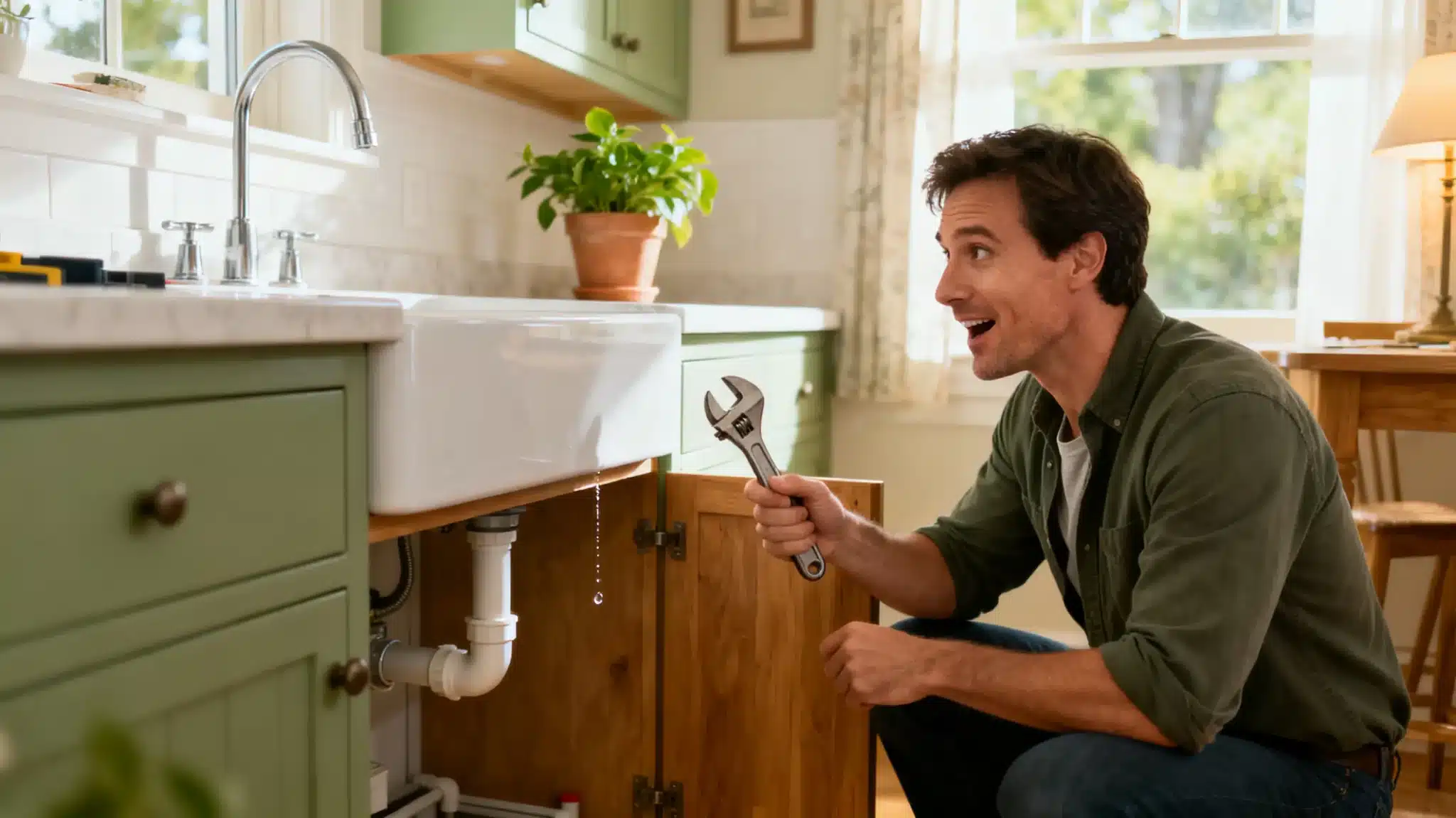 Man with wrench fixing leaking kitchen sink under bright window