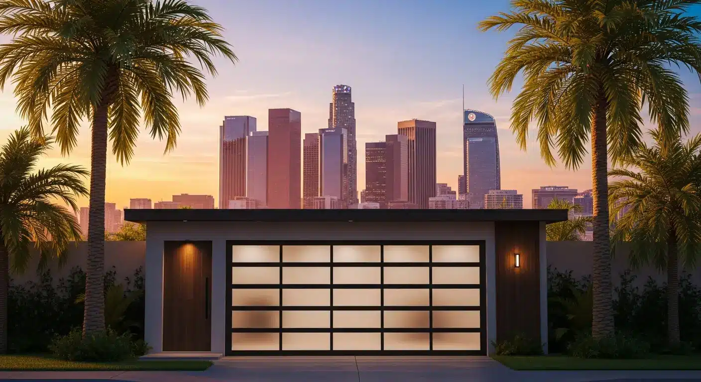 Modern garage with frosted glass door and palm trees, city skyline at sunset in background