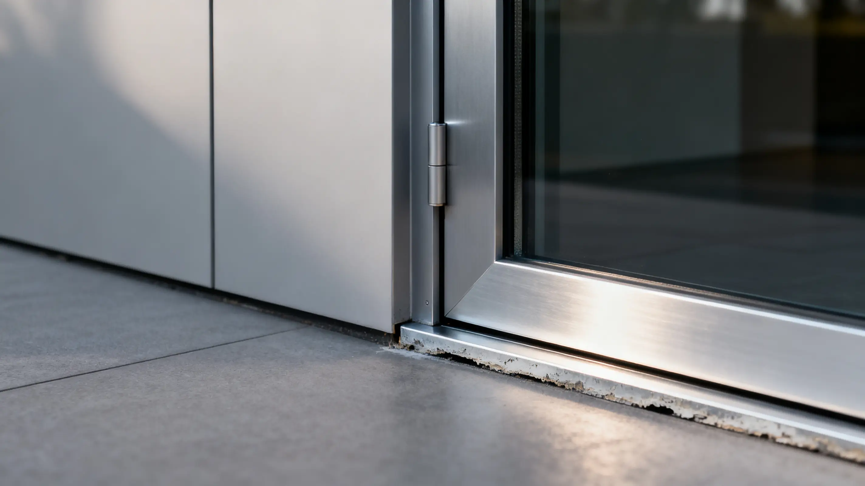 Close-up of modern glass and metal door frame with visible hinge on tiled floor