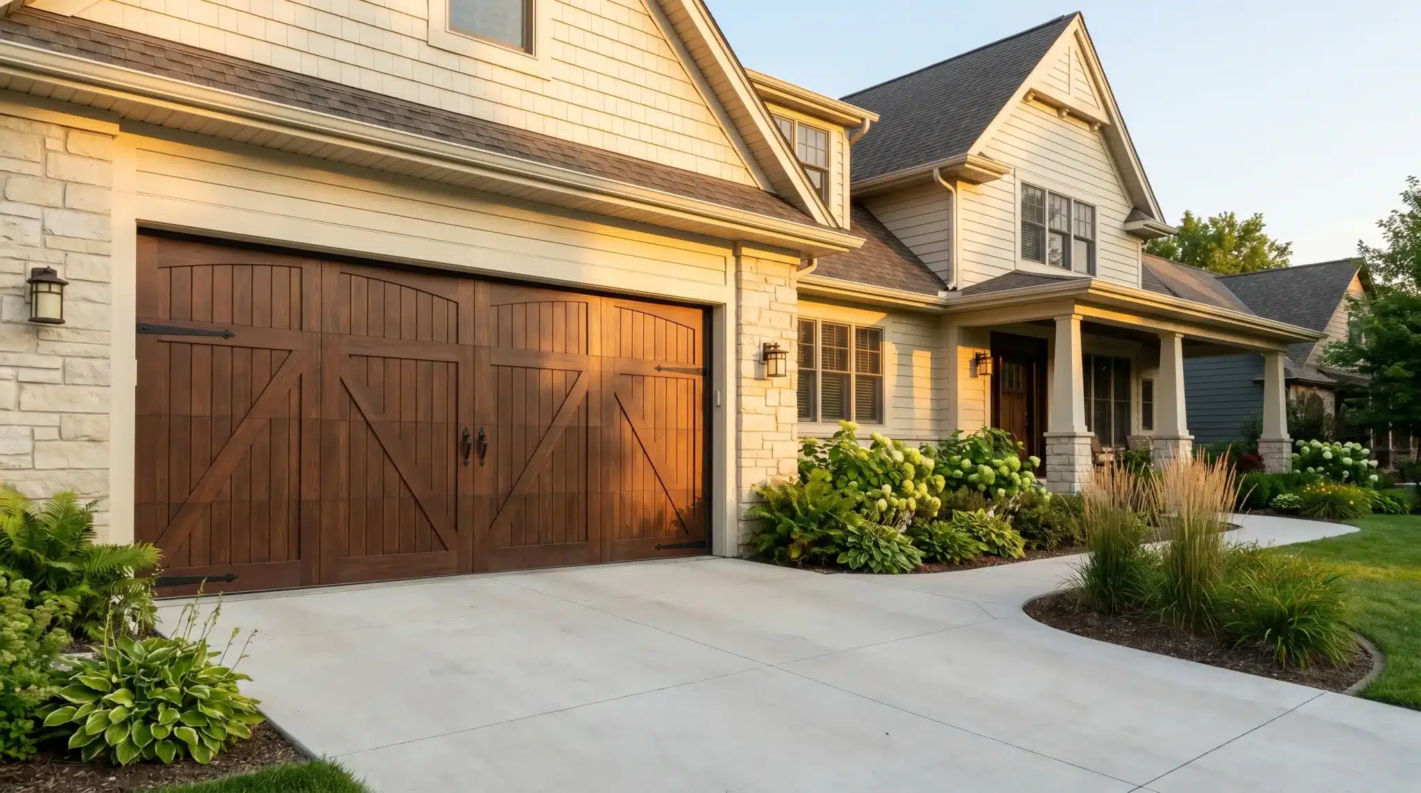 Modern suburban house with wooden garage doors and neatly landscaped front yard in warm evening light