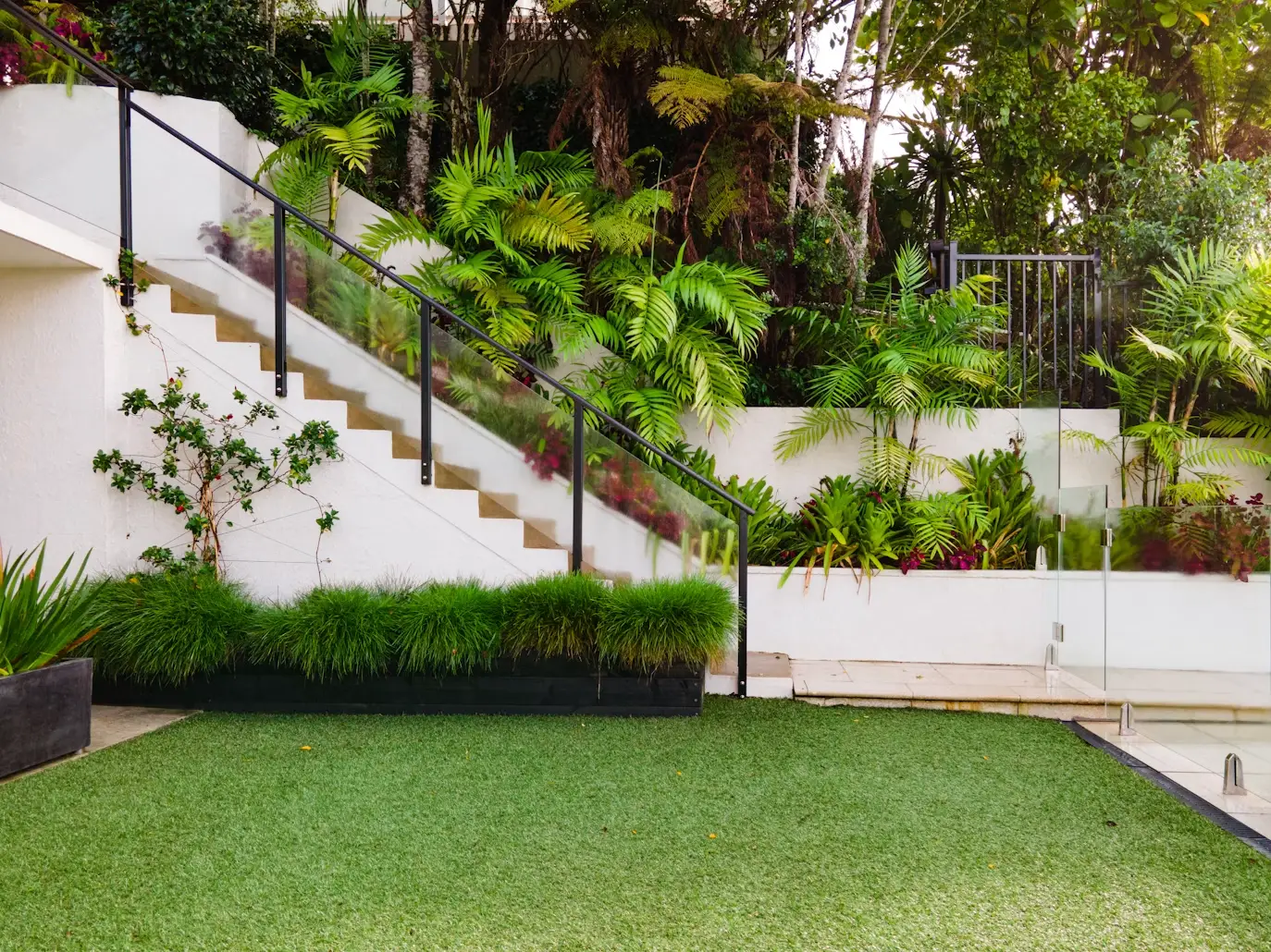 Lush garden with stairs bordered by glass railing and dense green foliage in outdoor setting