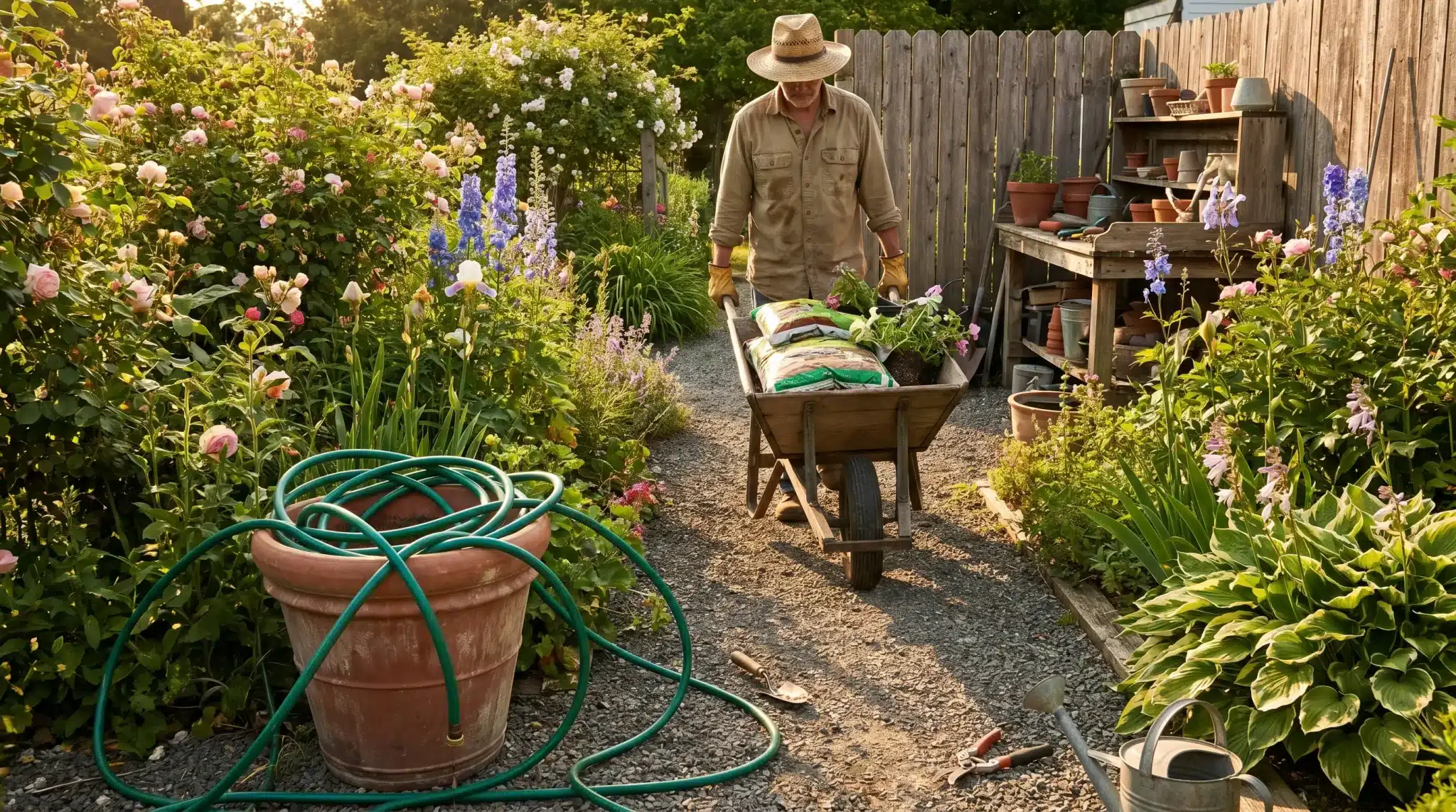 Gardener pushing wheelbarrow with potting soil and plants in sunlit flower garden