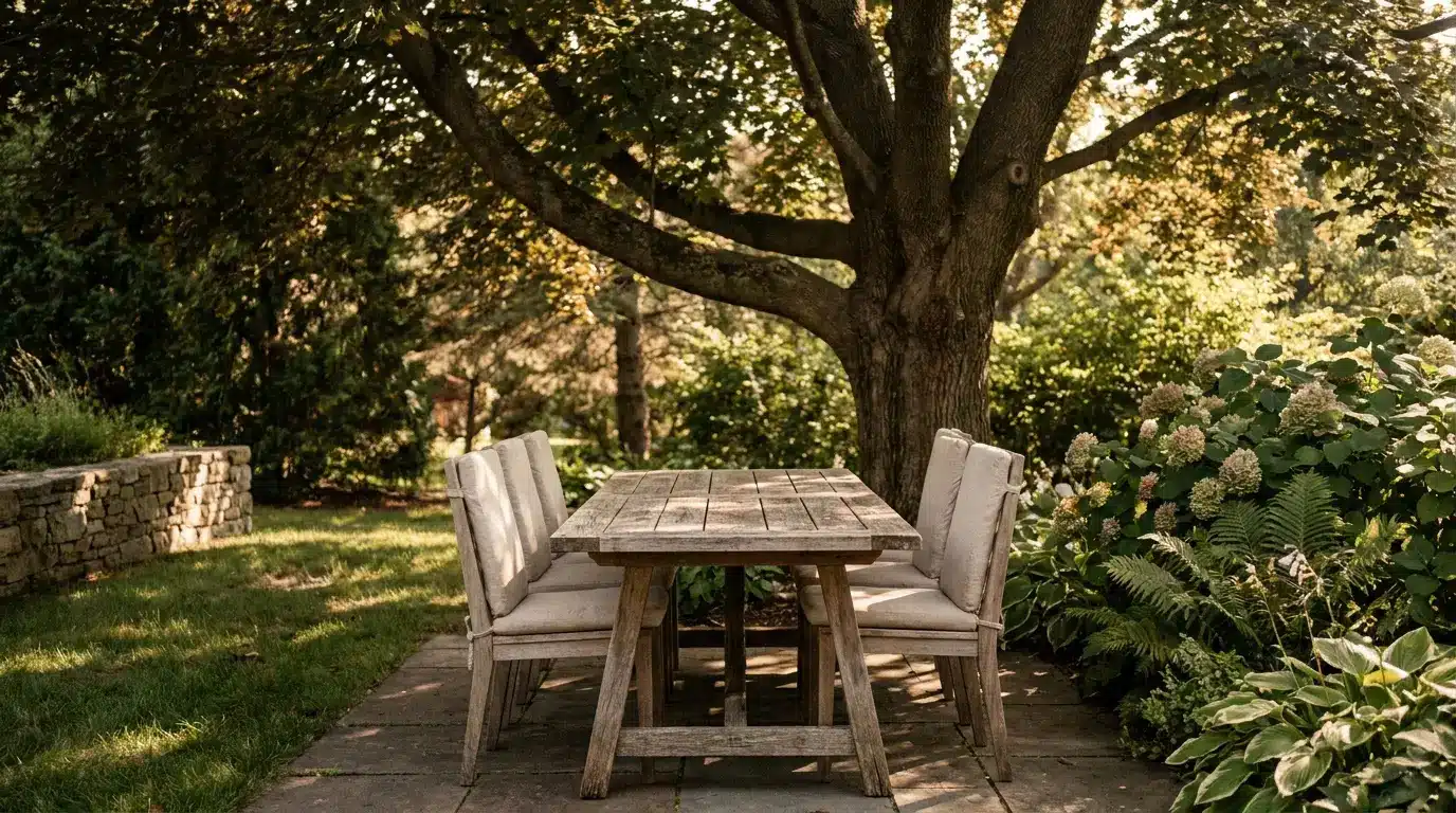 Wooden outdoor dining table with cushioned chairs under large tree in lush garden setting