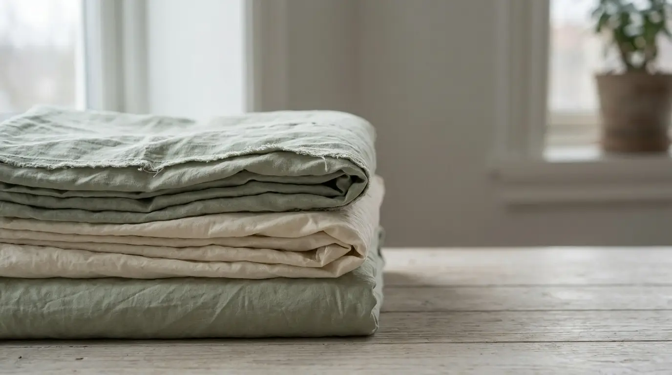 Folded linen sheets stacked on wooden table in bright, minimalist room