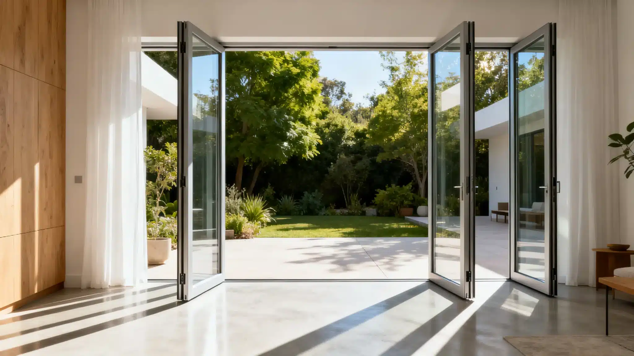 Open glass doors leading to lush garden from modern interior with wood accents and white curtains