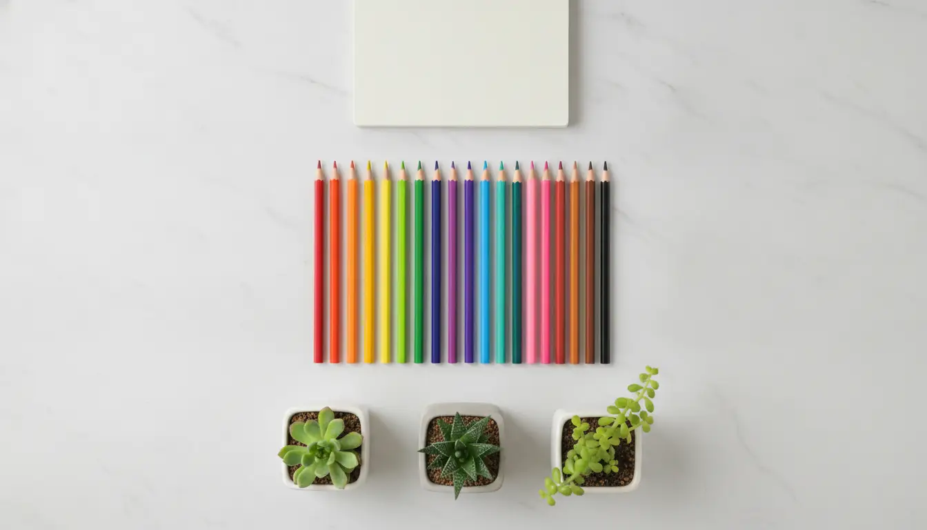 Rows of colored pencils and succulents on a white marble surface