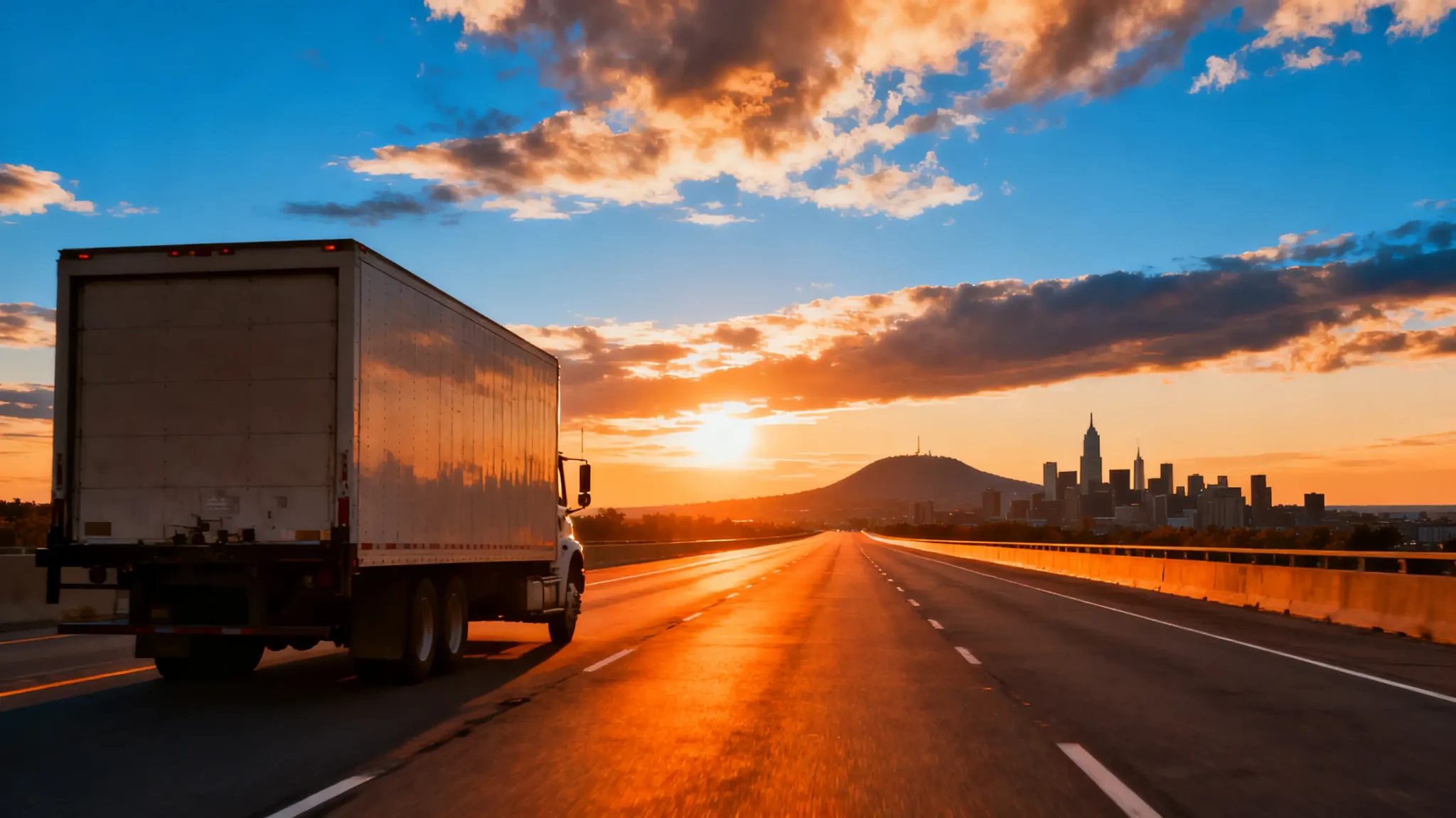 Truck driving on highway towards city skyline during vibrant sunset.
