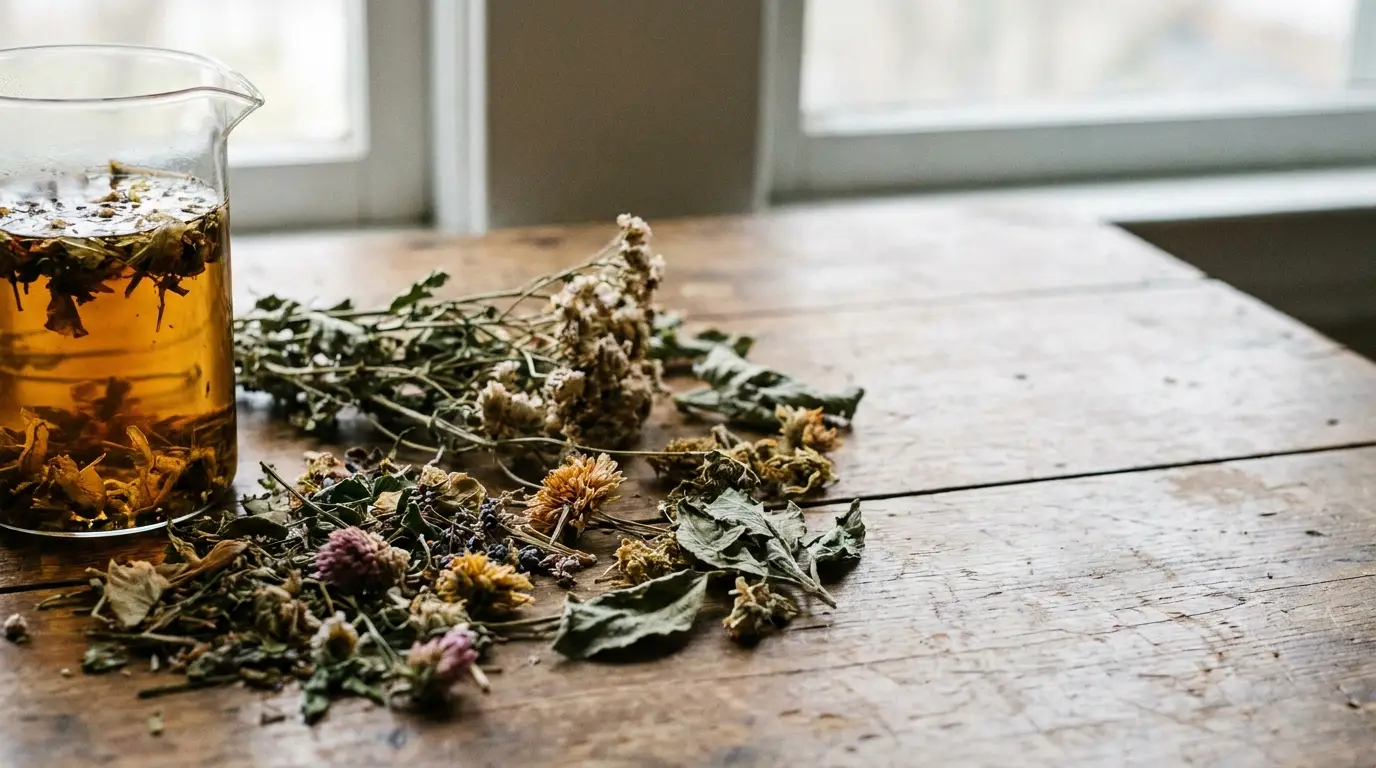 Dried flowers and brewing herbal tea in glass beaker on rustic wooden table