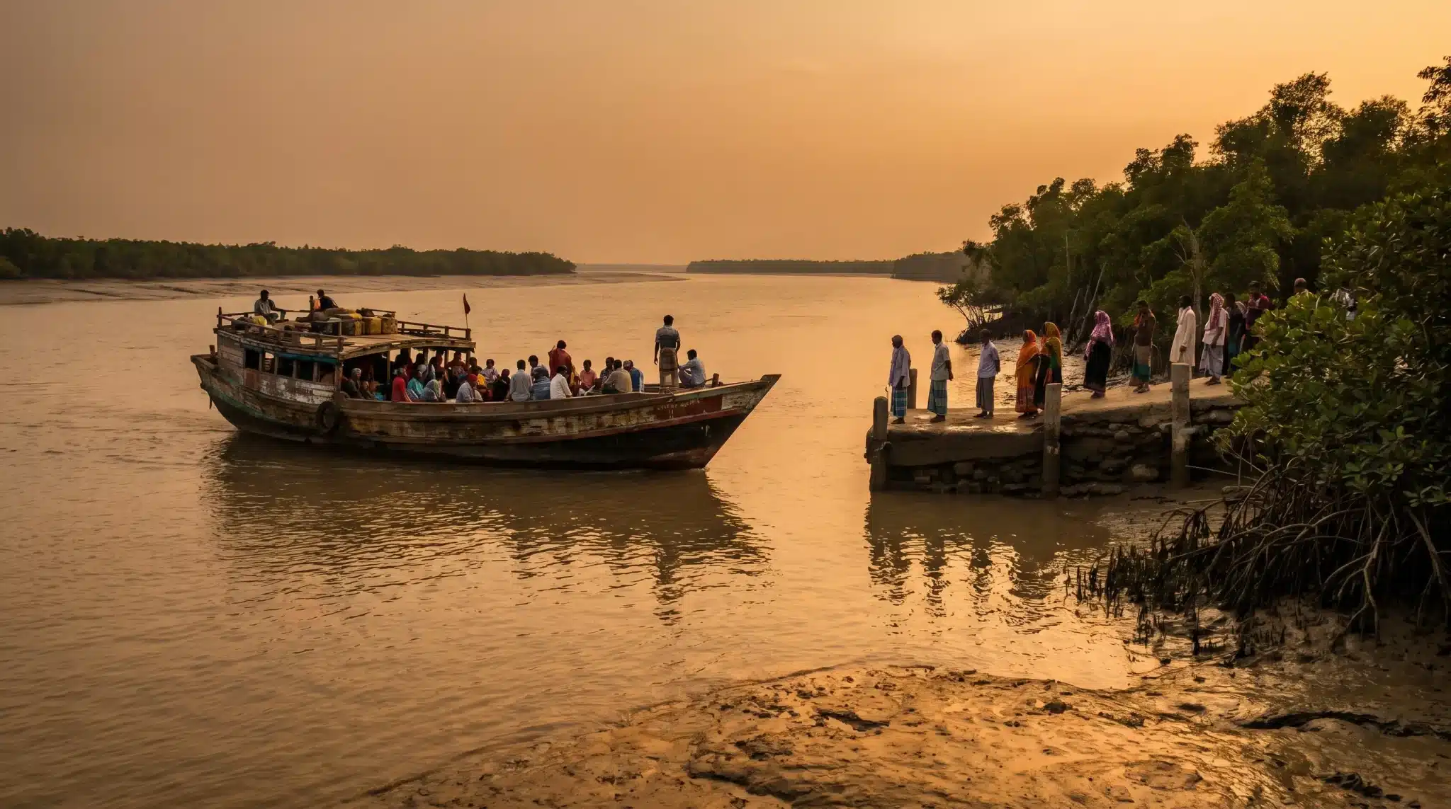 Boat full of people approaching a riverside platform at sunset in a lush, wooded area