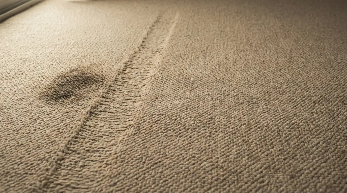 Frayed beige carpet with visible track wear and dark stain in sunlight