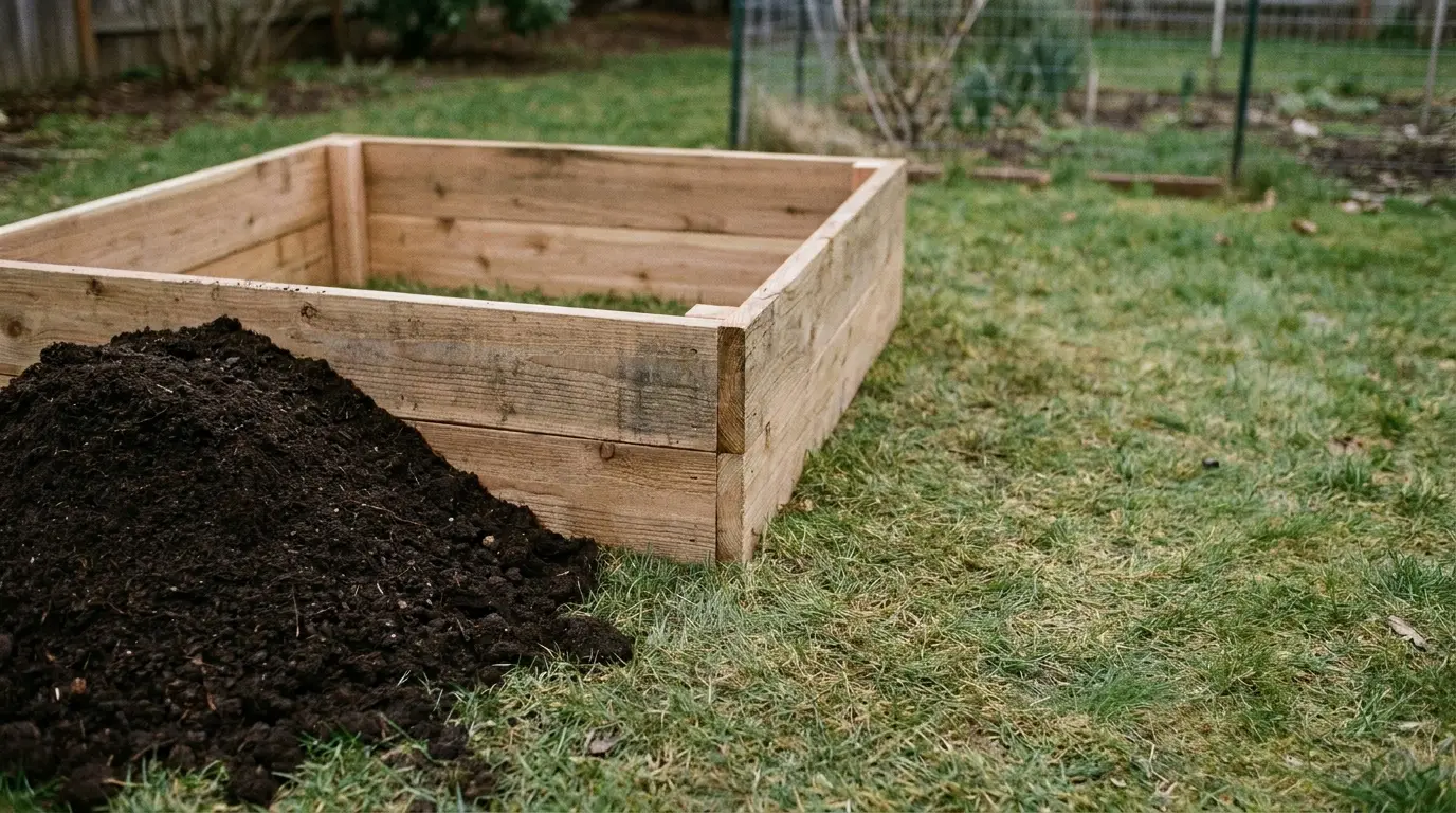 Wooden raised garden bed in grassy backyard with a pile of dark soil beside it