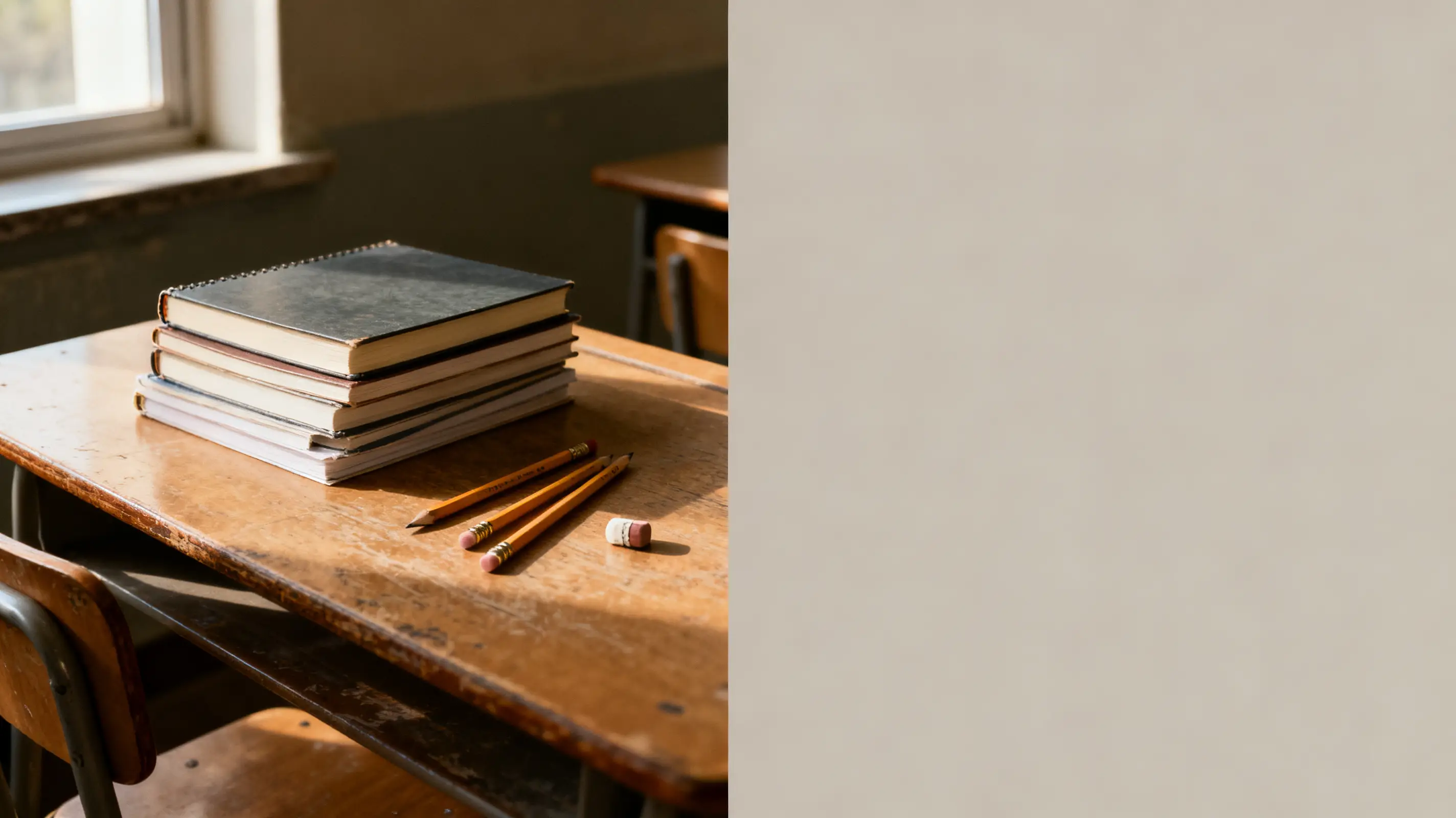 Stack of books and pencils on a wooden school desk near a window in warm light