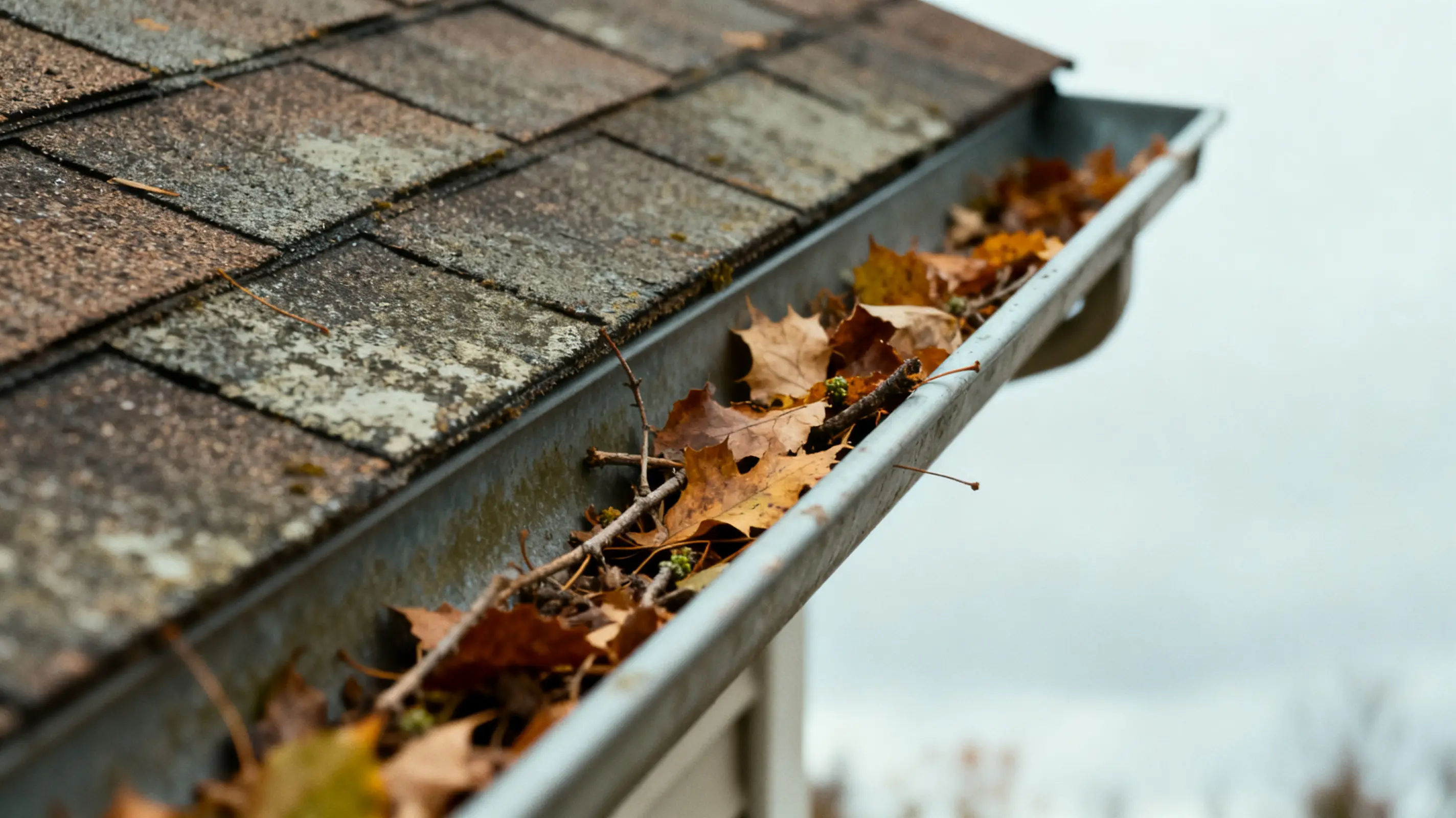 Gutter filled with dry leaves and twigs attached to a shingled roof