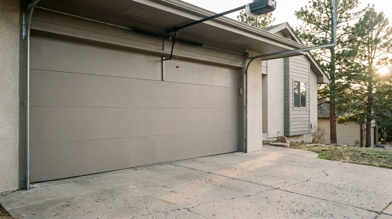 Closed beige garage door of suburban house with trees and sunlight in the background