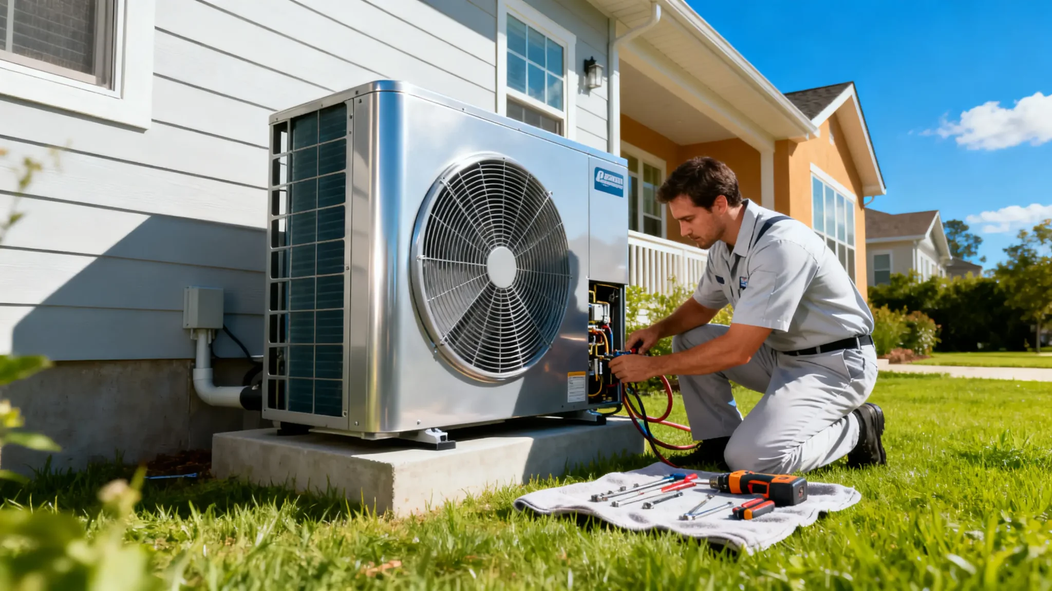 Technician servicing outdoor air conditioning unit in residential backyard with tools on ground