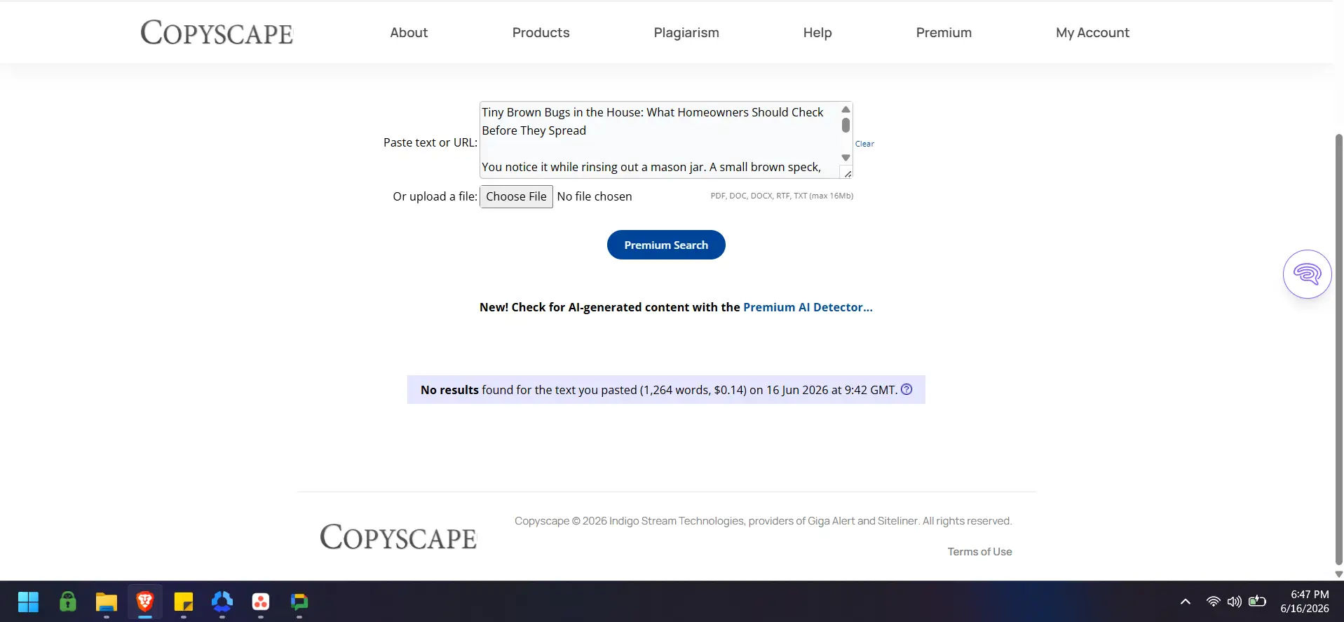 Copyscape website interface with plagiarism results on desktop screen, dark mode taskbar visible