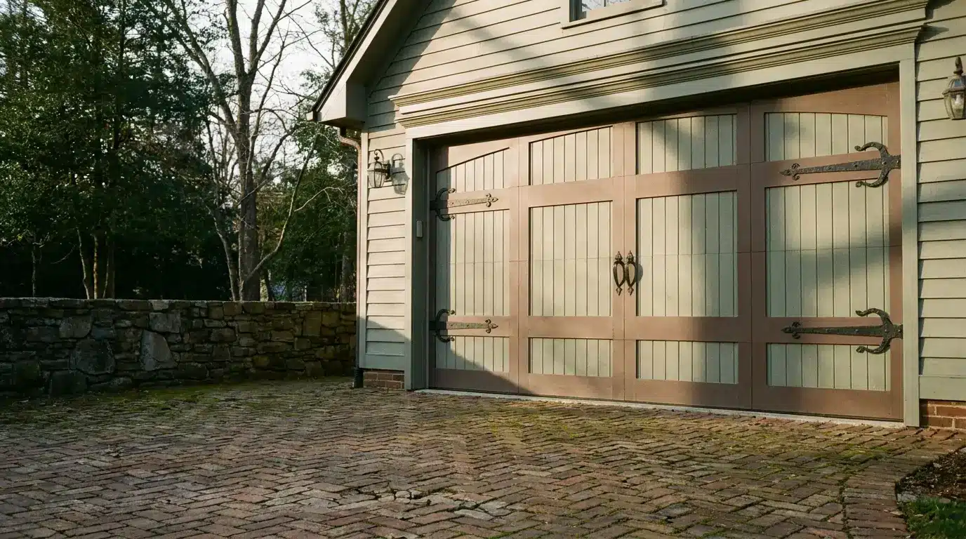 Garage door with decorative hinges on brick driveway and stone wall background