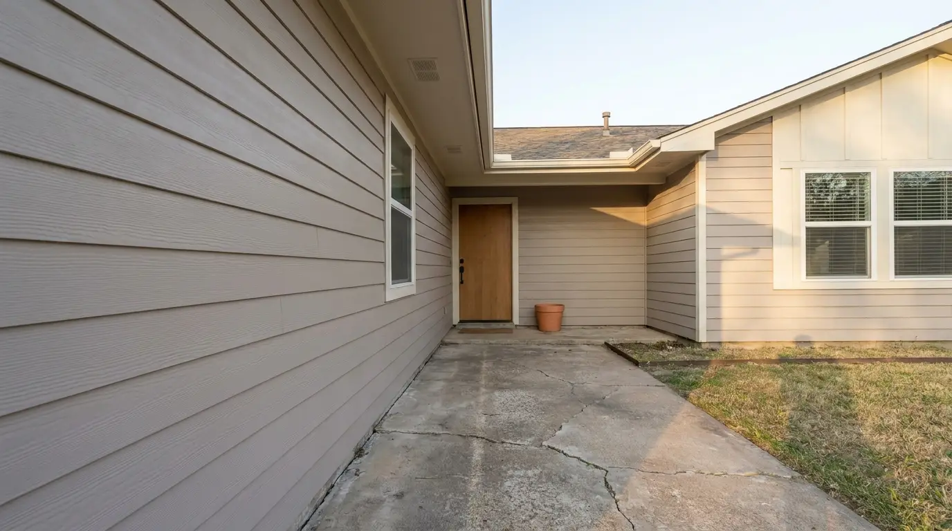 Exterior pathway leading to wooden door with beige siding in sunlight