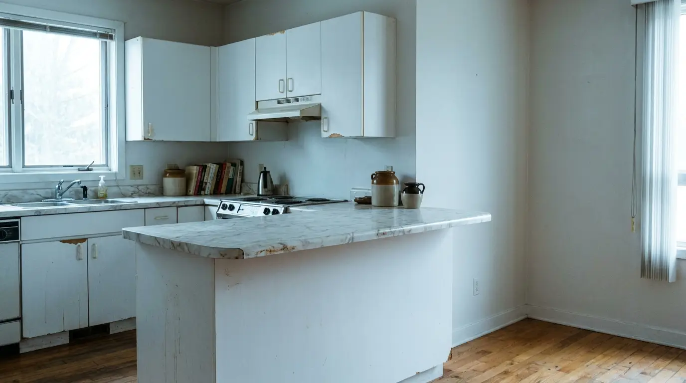 Aging white kitchen with marble countertop, books, and utensils on hardwood floor