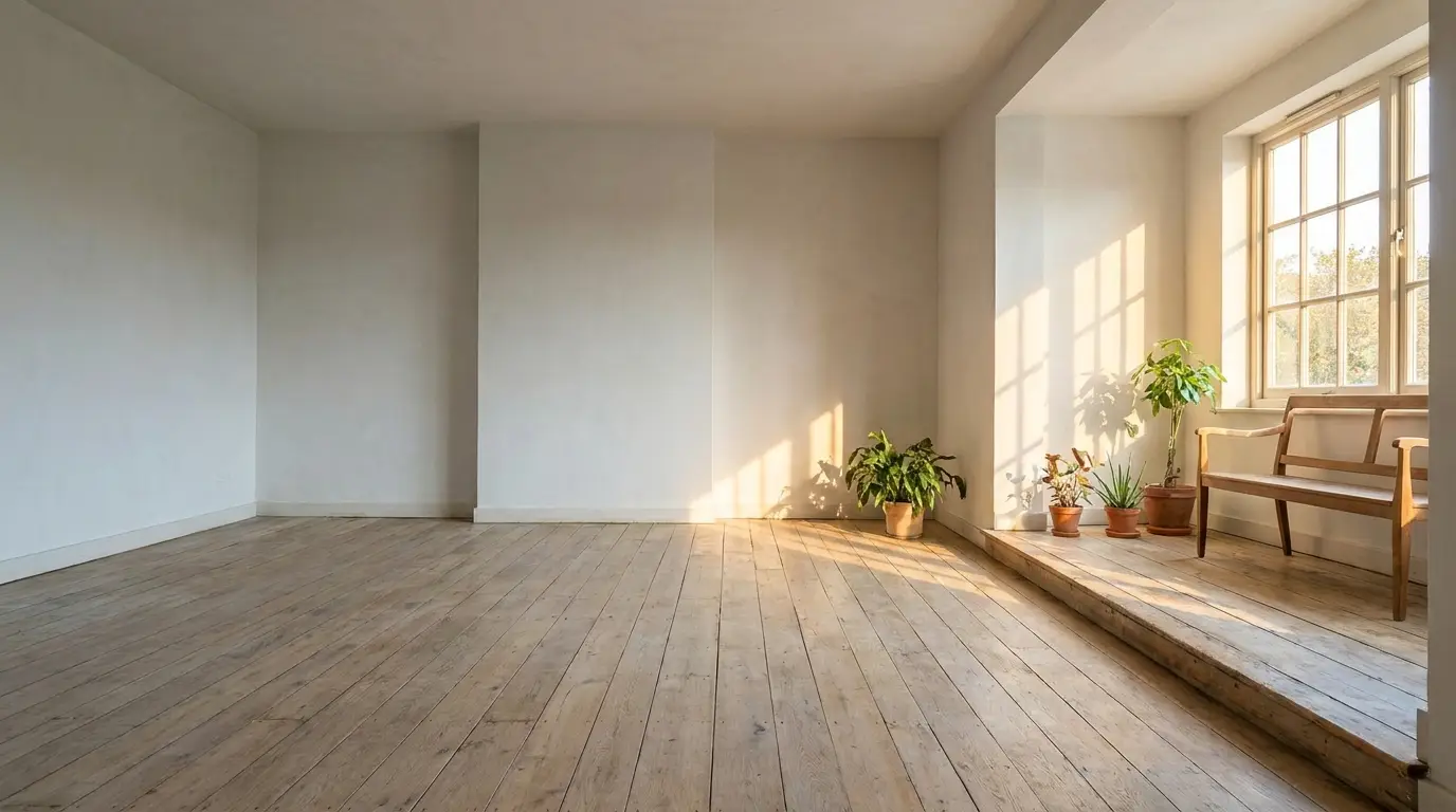 Empty light-filled room with wooden floors, bench, and potted plants near large window