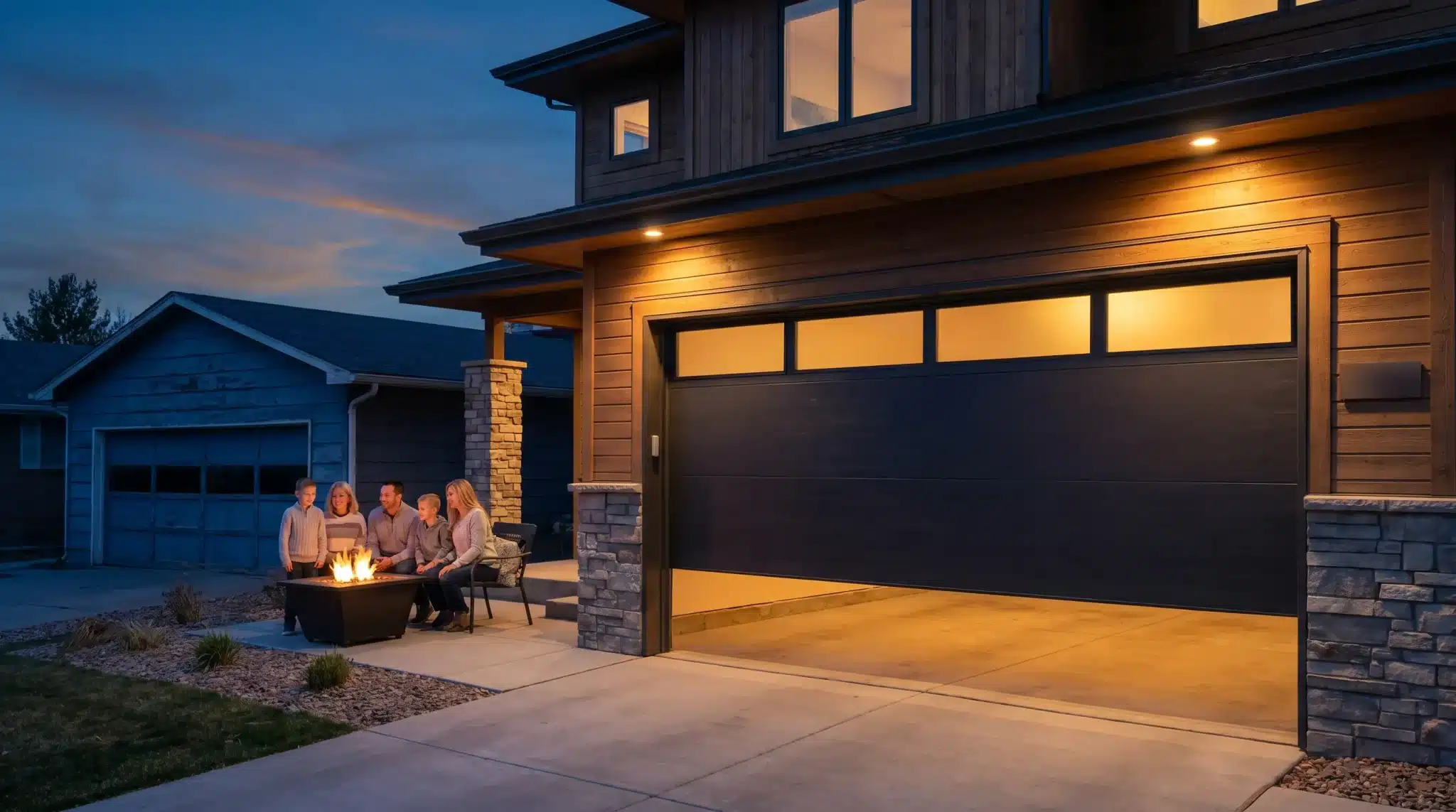 Family gathered around a fire pit on modern driveway at dusk