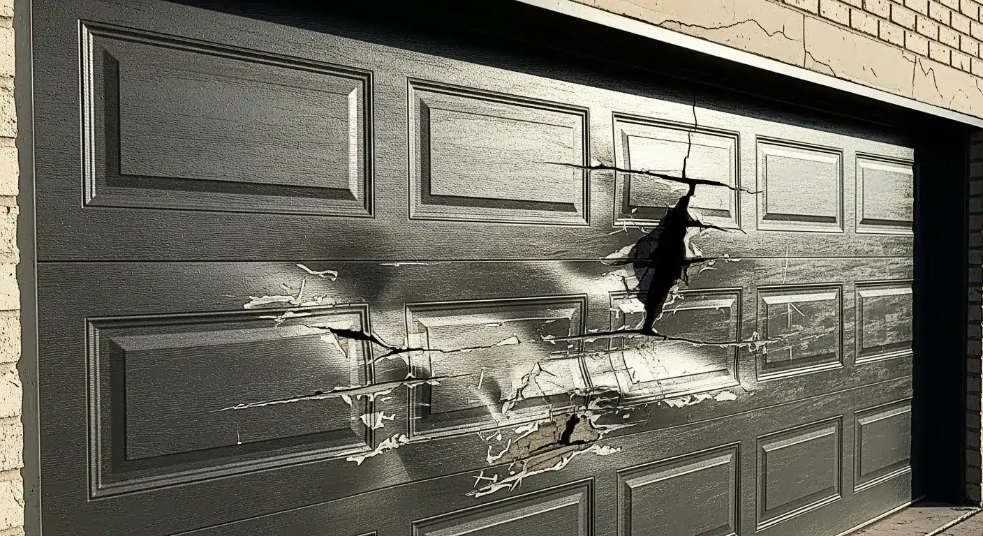 Damaged garage door with large cracks and holes in an outdoor setting