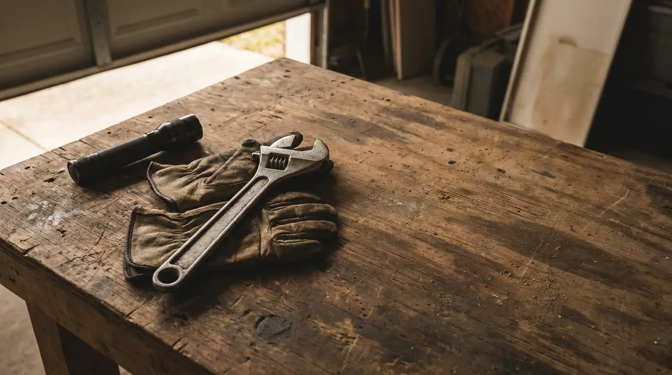 Wrench and gloves on rustic wooden workbench in a garage setting