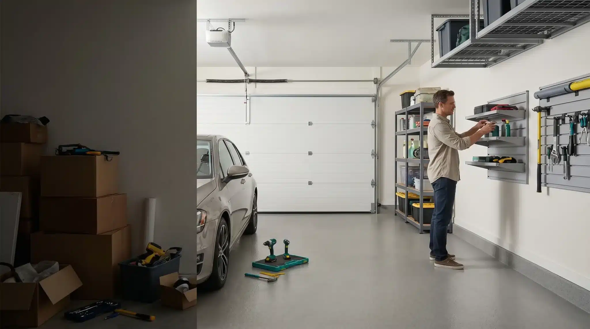 Man organizing tools on wall shelves in a tidy garage with parked car and boxes