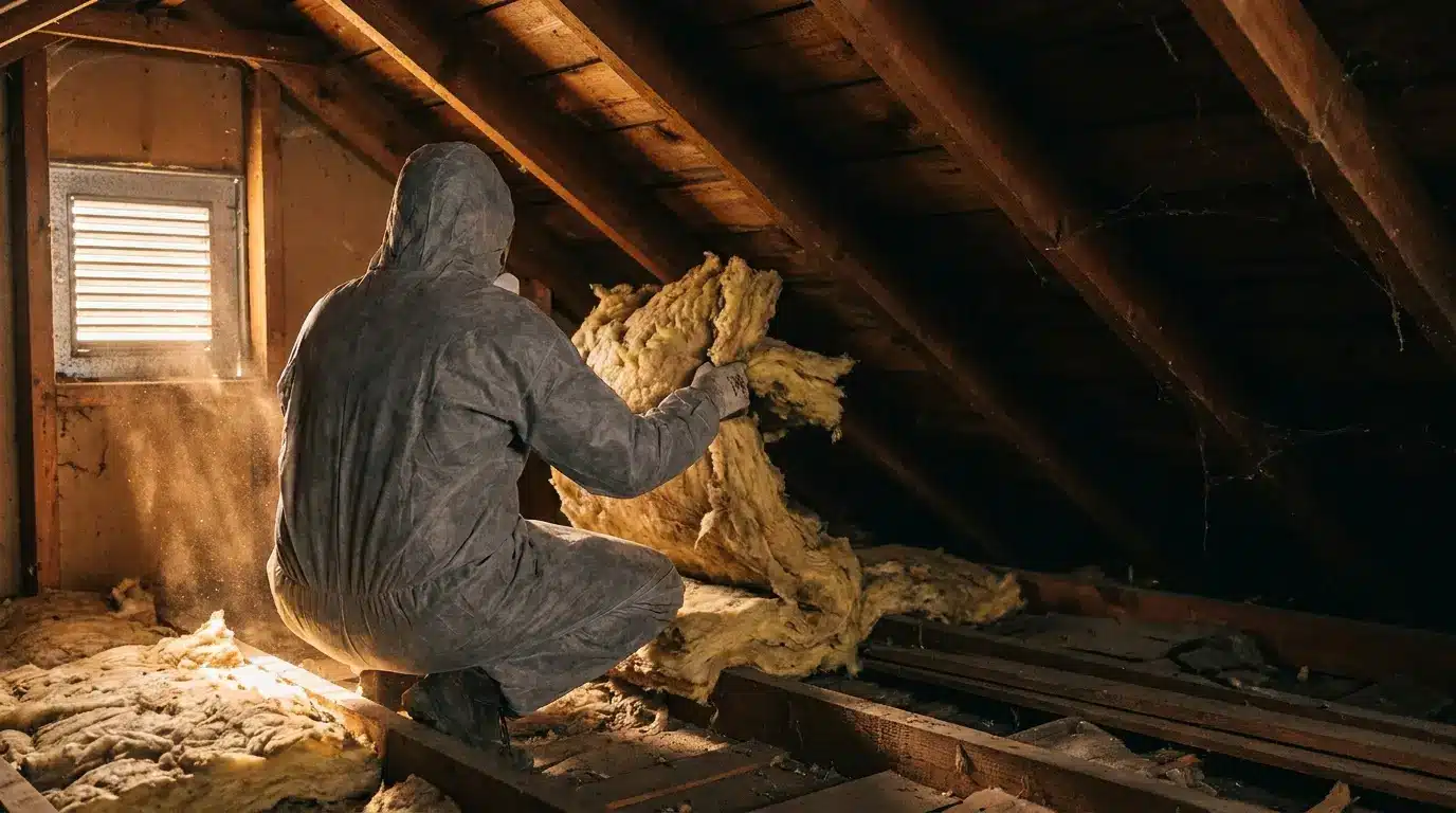 Worker in protective suit installing insulation in dimly lit attic space