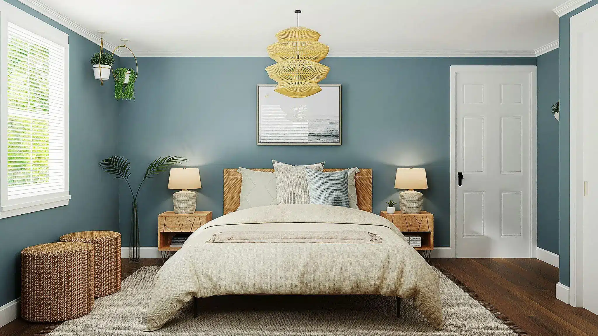 Modern bedroom with blue walls, cozy bed, decorative pillows, pendant light, and wooden nightstands