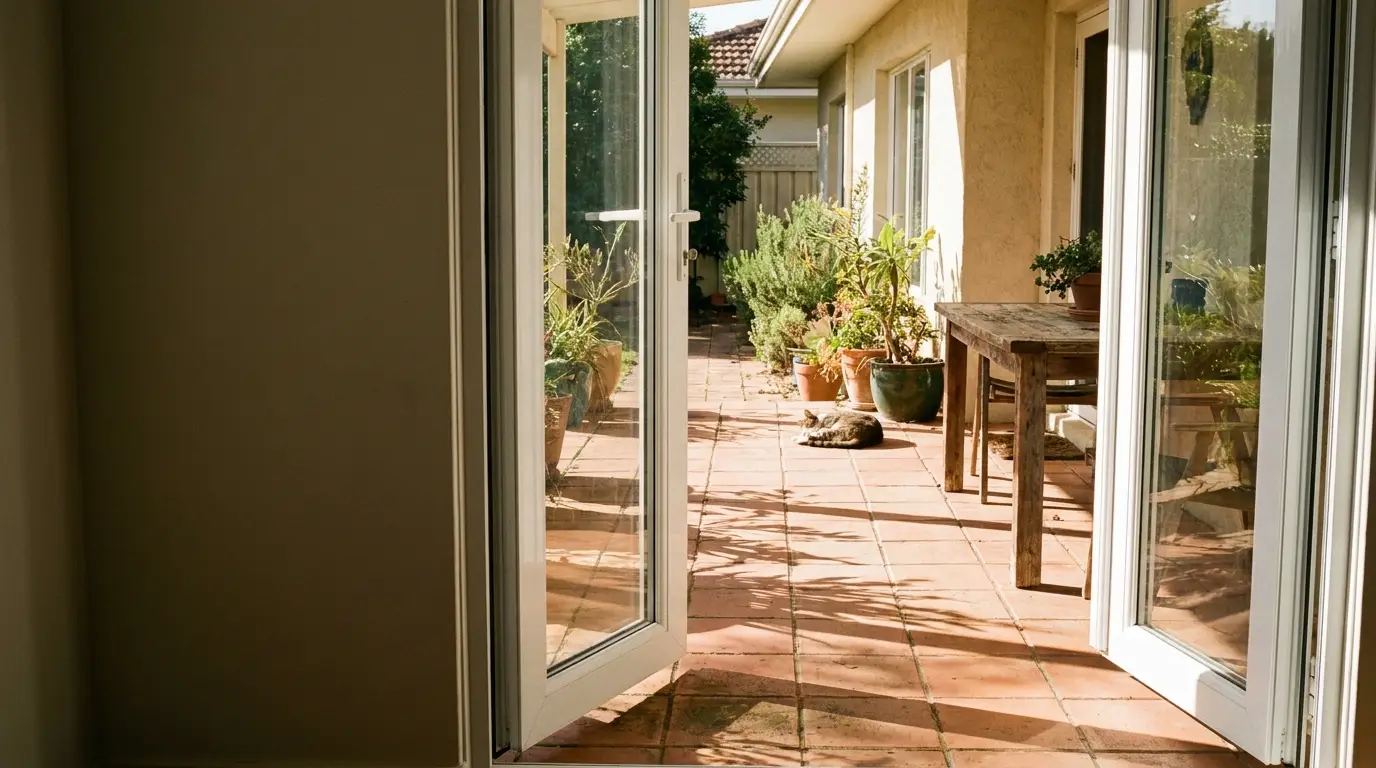 Open patio doors leading to sunlit terrace with potted plants and a resting cat