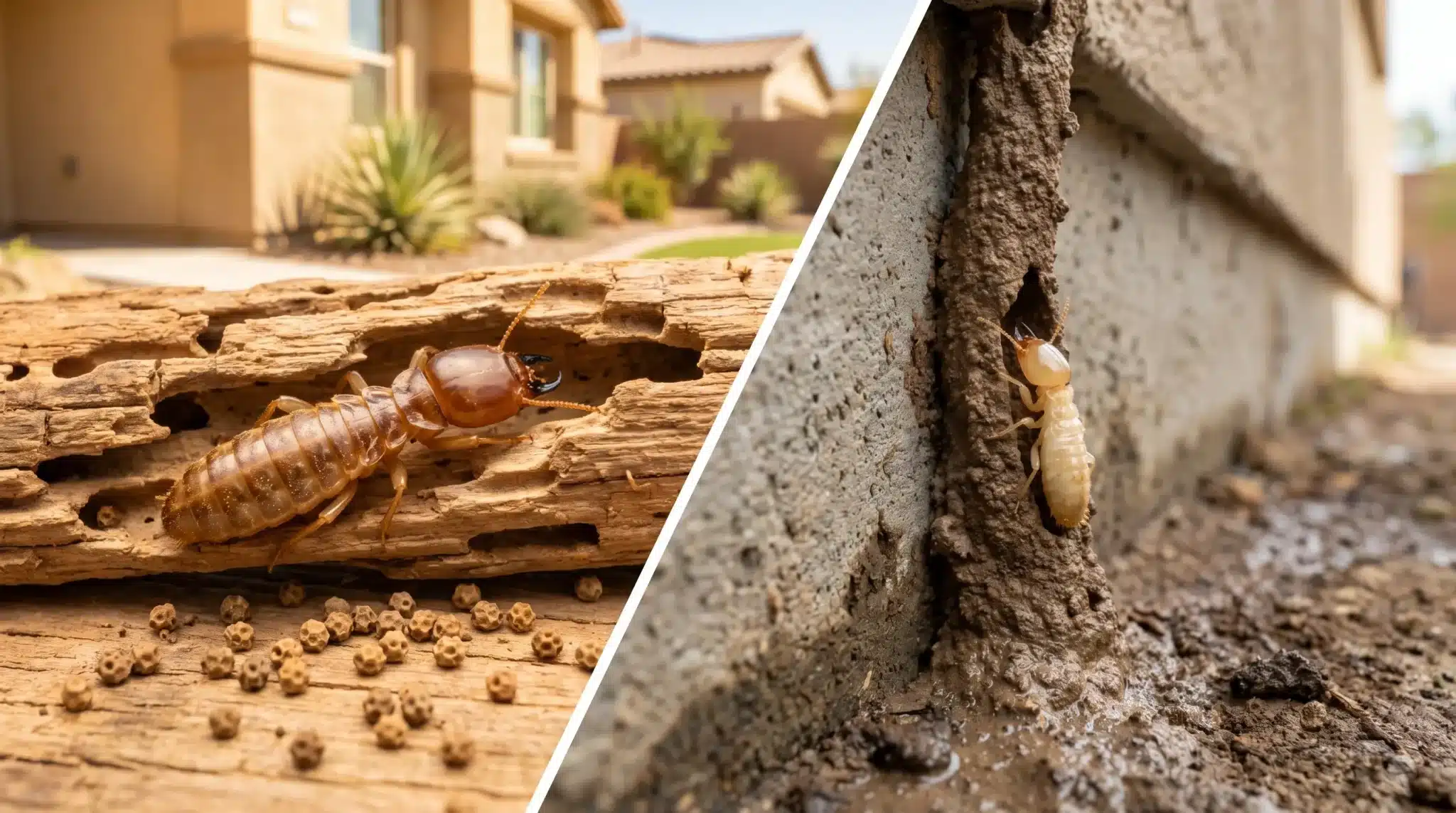 Termite on damaged wooden surface outdoors near house foundation in sunny setting