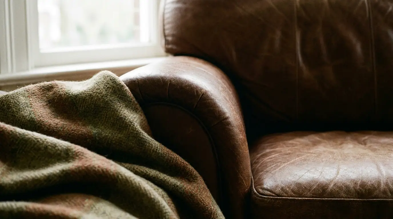 Brown leather sofa with wool blanket draped over armrest near a window