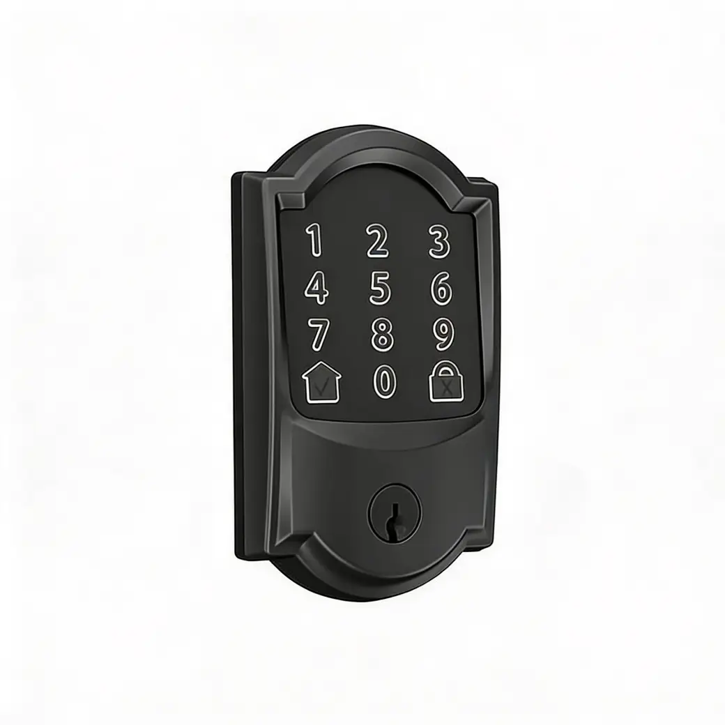 Black electronic keypad door lock with numbered buttons on a white background