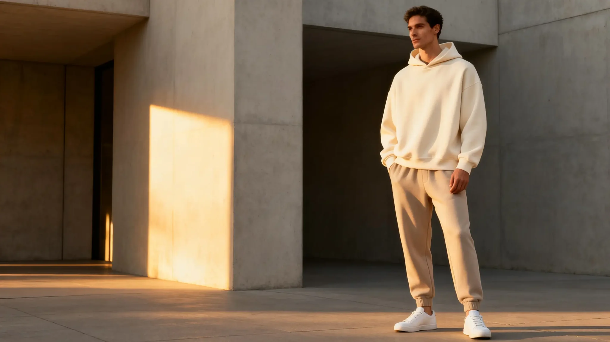 Man in beige hoodie and joggers standing in minimal concrete architecture under warm sunlight