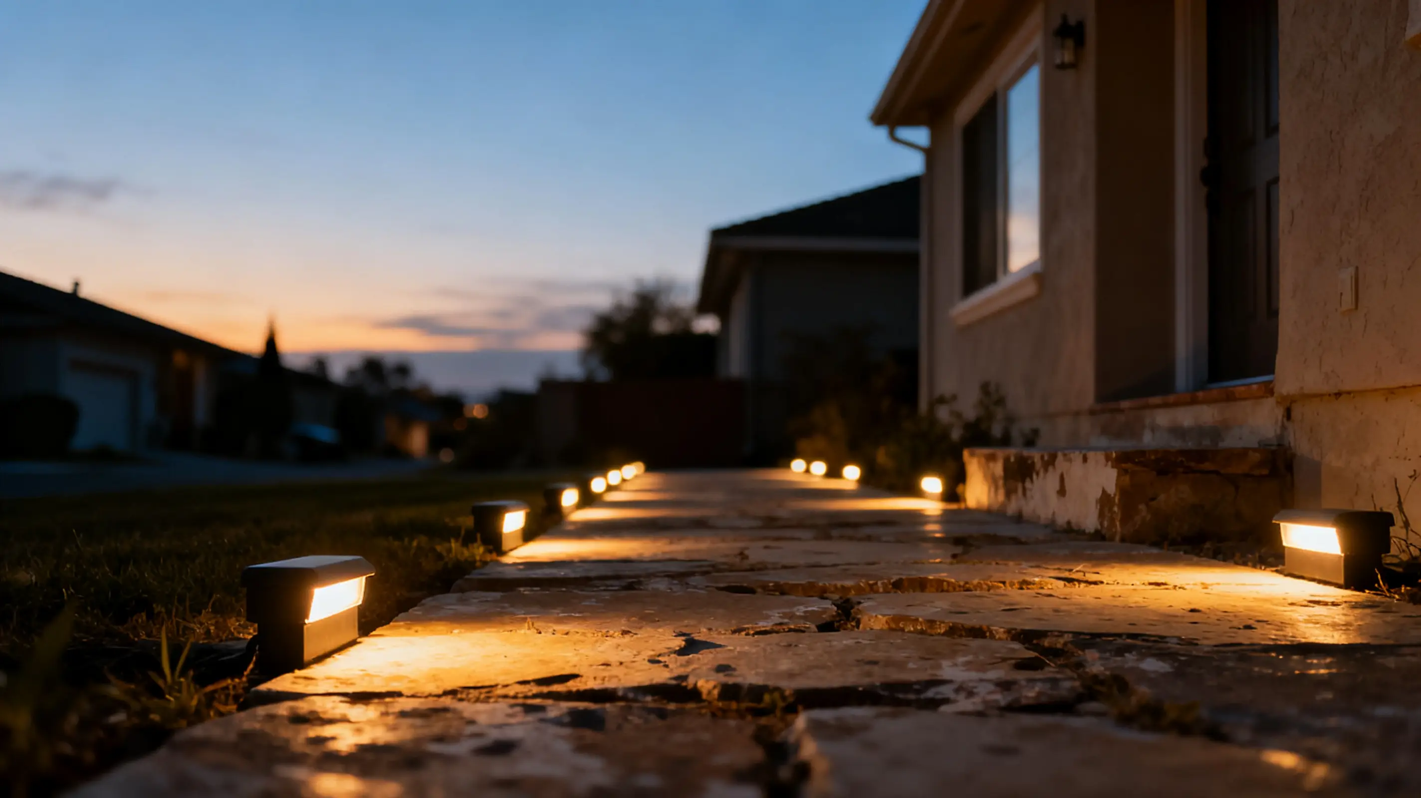 Pathway illuminated by small lights leading to house at dusk with warm sky in background