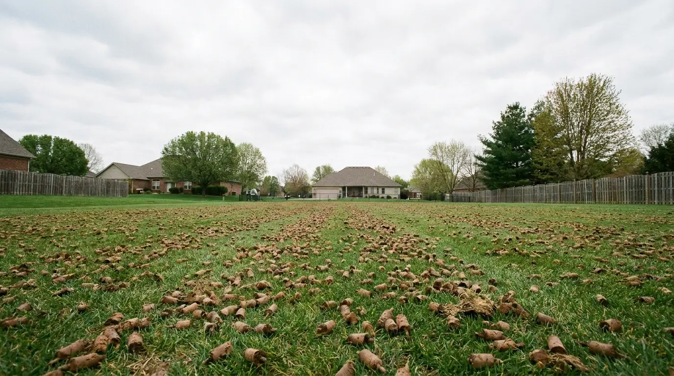 Aerated lawn with soil plugs scattered across backyard field under overcast sky