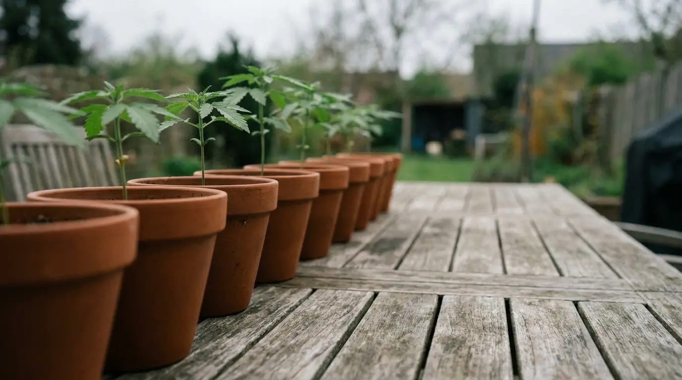 Rows of potted plants on wooden outdoor table in garden setting