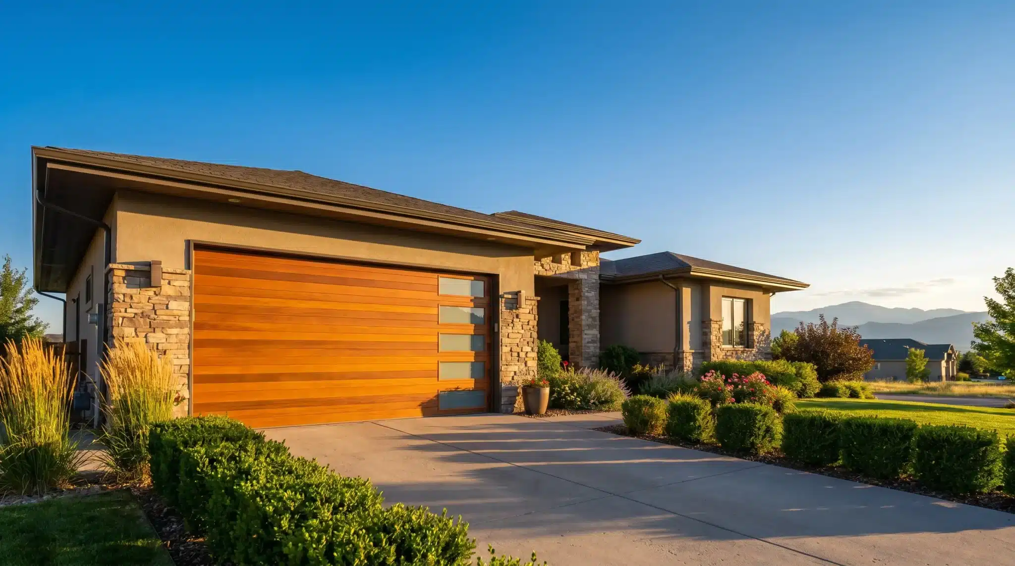 Modern house with wooden garage door and stone accents under clear blue sky