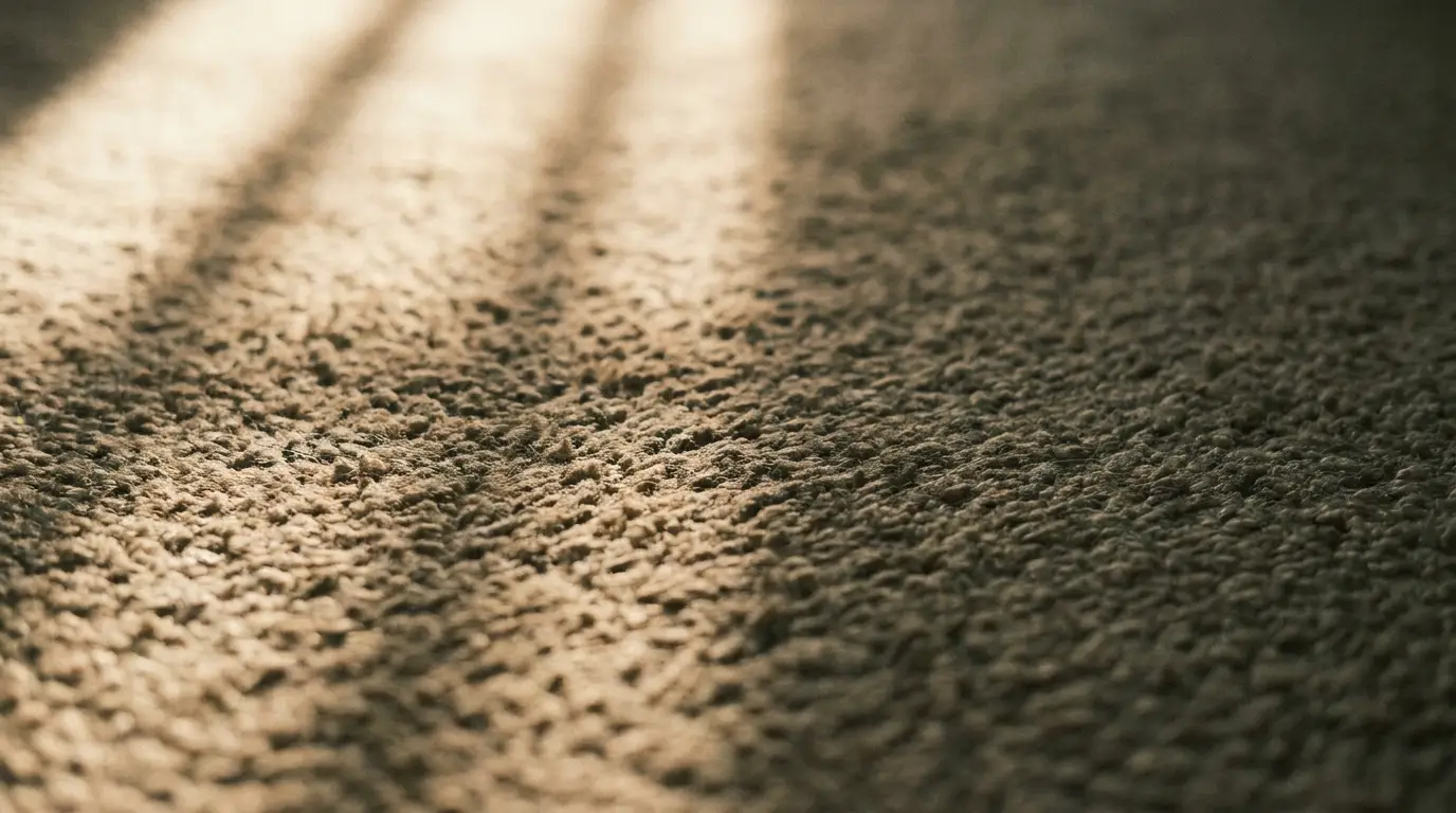 Close-up of textured brown carpet with sunlight creating warm shadows