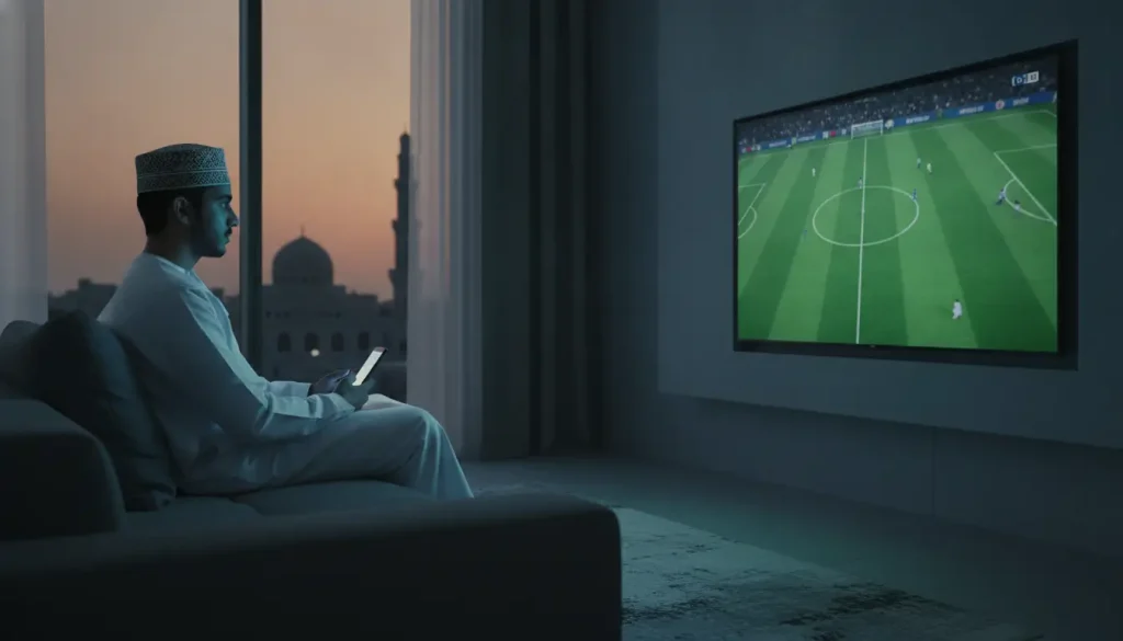 Man in traditional attire watching soccer match on TV in dimly lit living room